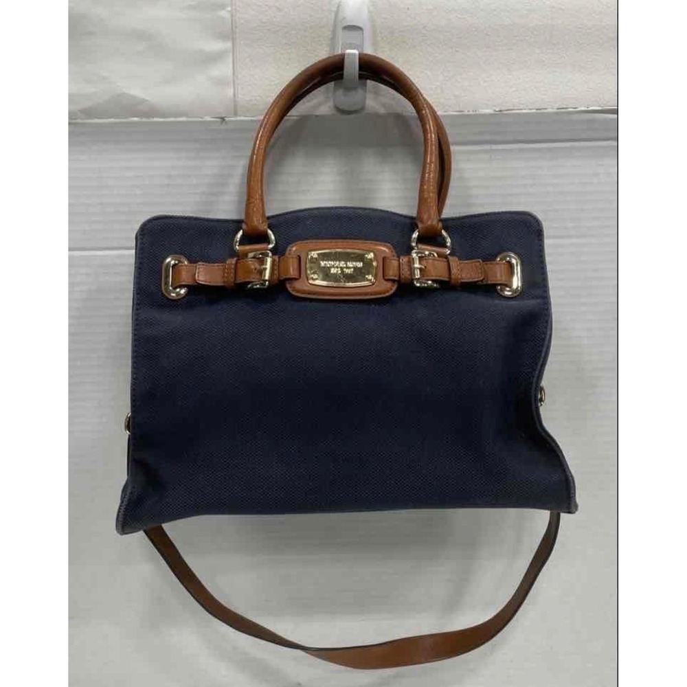 Michael Kors Hamilton Navy Canvas Tan Leather Satchel Bag 38S4YHMT9C